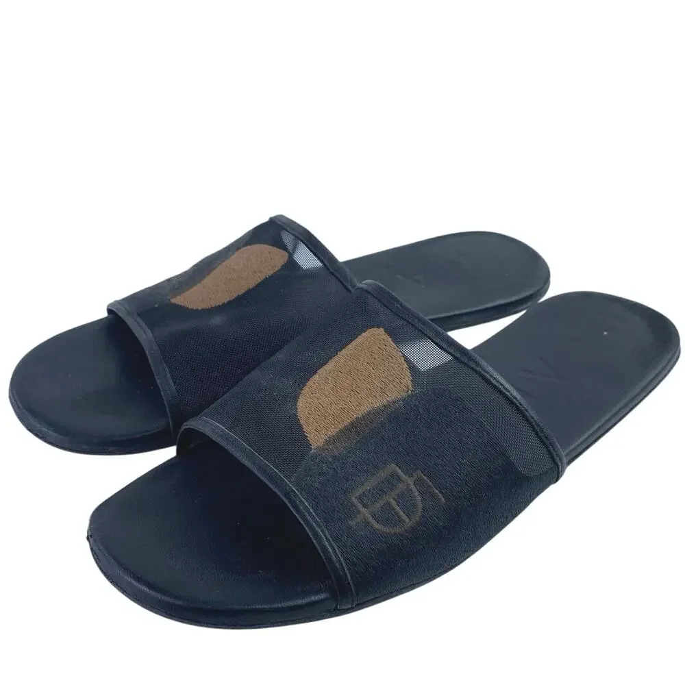 Dear Frances Women's Black Tan Lounge Embroidery Slip On Slides Sandals Size 6